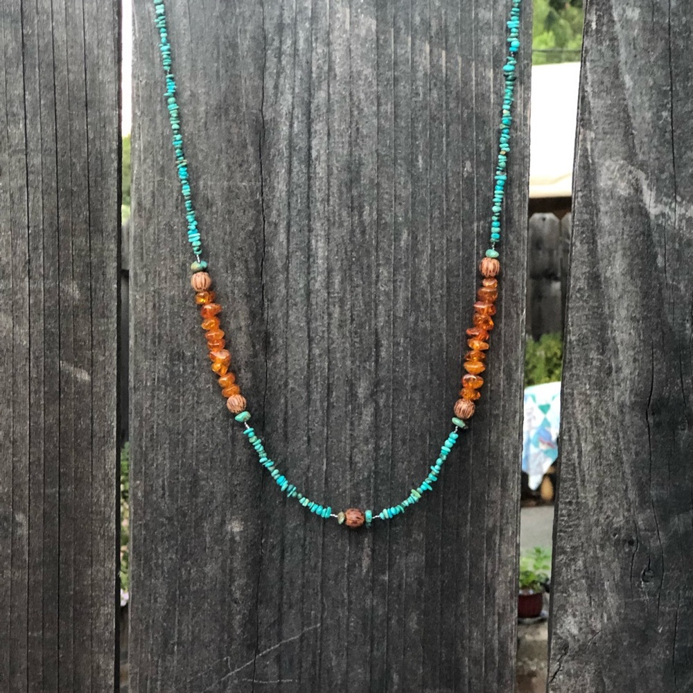 Peyote Bird turquoise and amber necklace